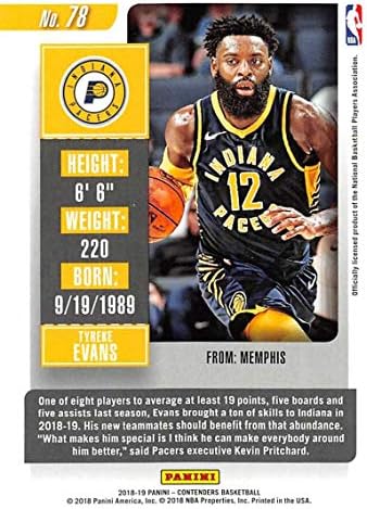 2018-19 מתמודדים של פאניני כרטיס עונה מספר 78 Tyreke Evans Indiana Pacers NBA כרטיס מסחר בכדורסל