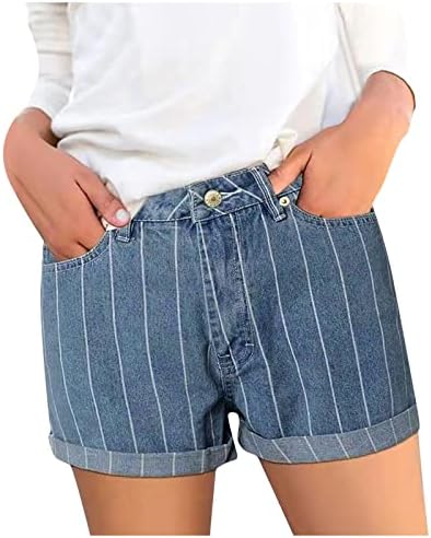 HDZWW טרקליני התאמה רגילים עובדים מכנסיים קצרים קיצים ליידי פס רך נמוך ג'ין רגל ישרה אלסטית קצרה עם