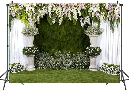 Mestiker 7x5ft קשת פרחים חתונה תפאורה קיר צמח ירוק חיצוני טקס צילום צילום באנר פרחים פרחים וילון לבן