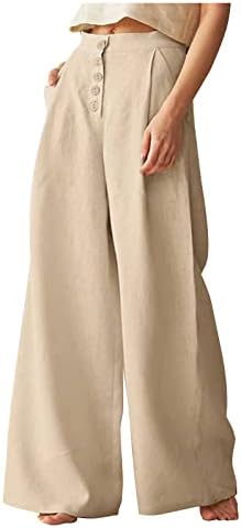 נשים כותנה פשתן פלאצו פלאצו רחב רגליים עם כיסים מכנסי טרקלין כפתור זורמים רופפים מכנסיים קרקעיות שקיות