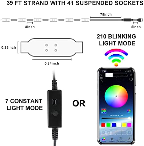 DDG 39ft LED קמפינג חיצוני אורות מיתר RGB, Bluetooth ושלט רחוק, רב -צבעוני עם 210 מצבים מהבהבים לחצר,