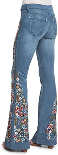 כפתור עלייה של Foviguo's High Rise Jeans Slim Bell תחתון מכנסי ג'ינס מכנסיים מגף רגל רחבה מכנסיים רקומים
