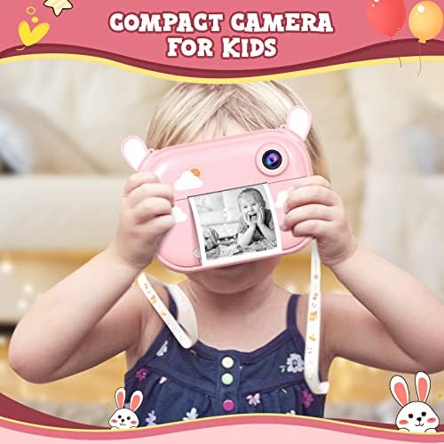 מצלמת ילדים להדפסה מיידית לילדות 3-12, 2 עדשות 1080 ווידיאו שיא, מצלמת אוזניים ארנב לילדים, כבל טעינה,