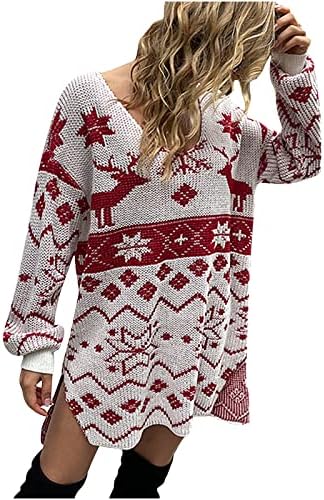 נשים של חג המולד סוודר שמלות מצחיק איל לסרוג ארוך שרוול סקסי נמוך לחתוך שמלת צד פיצול רופף בכושר טוניקת