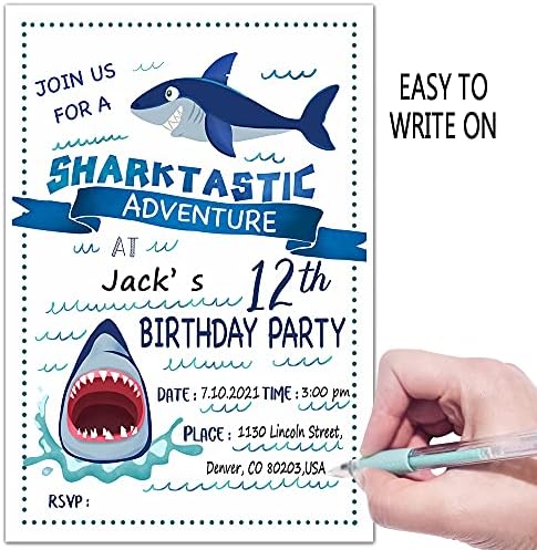 ukebobo הזמנות למסיבת יום הולדת 12 עם מעטפות-הזמנות למסיבת יום הולדת של כריש, קישוטים למסיבות כריש-20