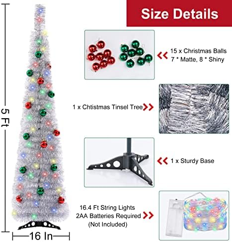 עץ טינסל של חג המולד של 5 רגל, עץ פופ -אפ מתקפל בכסף עם 15 אורות צבעוניים ו -15 קישוטים לכדור, עץ עיפרון