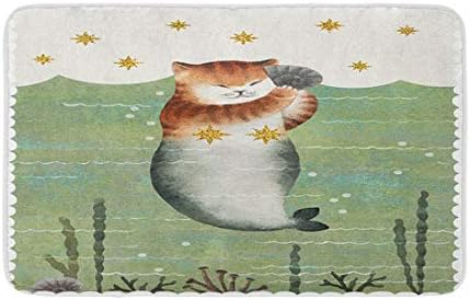 חמוד אקוורל חתול בת ים בים גלים עם זהב כוכבים יד נמשך חתול בת ים מפנק אמבטיה דקור אמבטיה שטיח עם החלקה