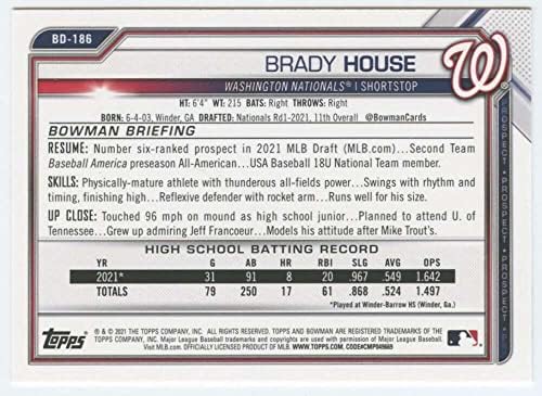 2021 דראפט Bowman BD-186 Brady House RC טירון וושינגטון נשיונלי MLB כרטיס מסחר בייסבול