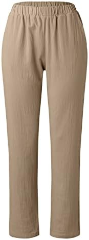 נשים מכנס פשתן מוצק מכנס מזדמן מזדמן מותניים אלסטיים מכנסיים רגל רחבה מכנסיים קפרי מכנסיים קיץ כותנה