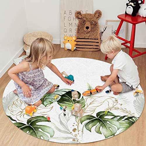 שטיח שטח עגול גדול לחדר שינה בסלון, שטיחים 4ft ללא החלקה לחדר ילדים, עלים צבעי מים צמחים טרופיים צב