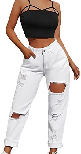 מכנסי ג'ינס עם מותניים גבוהים של נשים מכנסי ג'ינס קרועות סקסיות מכנסיים במצוקה מכנסיים במותניים גבוהות