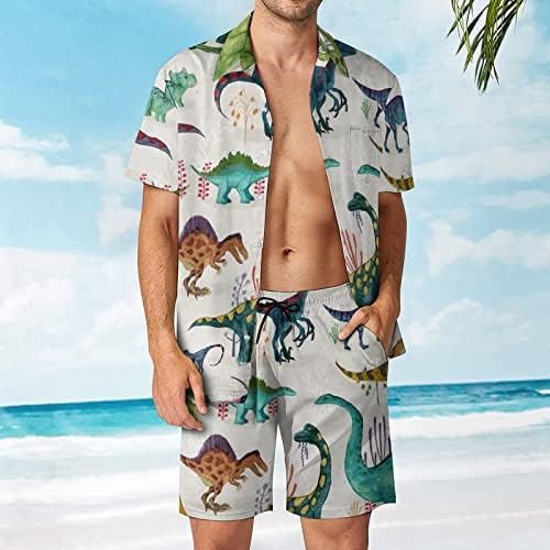 Weedkeycat דינוזאורים בהירים תלבושות חוף לגברים 2 חלקים כפתור הוואי למטה חולצה מטה שרוול קצר ומכנסיים
