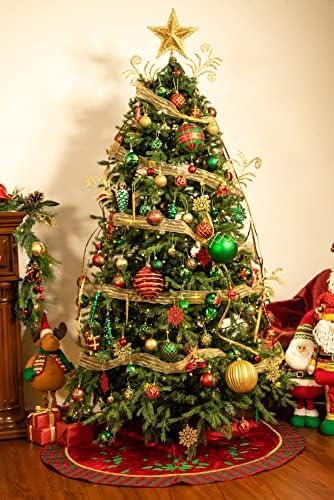 ולרי מדלין 48 אינץ 'אדום ירוק זהב אדום זהב גדול עץ חג המולד קישטורים עם דפוס עלי הולי וטרטן קיצוץ, עיצוב