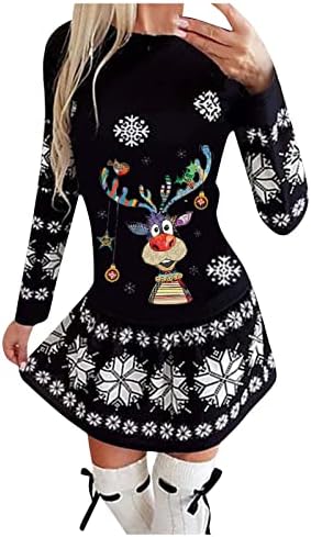 Nokmopo שרוול ארוך שמלת מקסי שמלת נשים צוואר עגול הדפס חג המולד חצאית קפלים חצאית ארוכה מסיבת חריץ שמלה