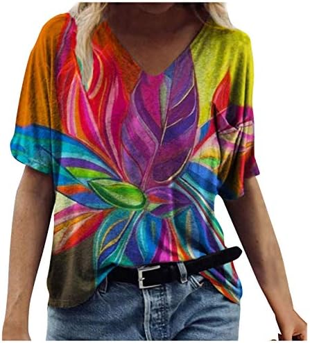 נשים חולצות קיץ טרנדי מקרית גרפי הדפסה קצר שרוול צווארון רופף מתאים חולצות טוניקת חולצות