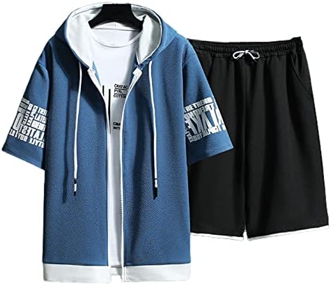 מכנסי סוודר לגברים חליפת קיץ גברים מכנסיים קצרים צבע מכתב תלבושת עם ברדס בסגנון קוריאני סט יומי ללבוש