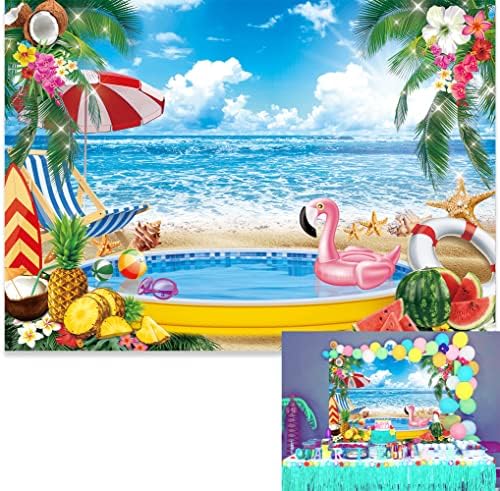 7x5ft Hawaii בריכת שחייה מסיבת תפאורה קיץ שמיים ים ים חוף עץ דקל רקע אלוהה פירות טרופיים כלה פרחונית