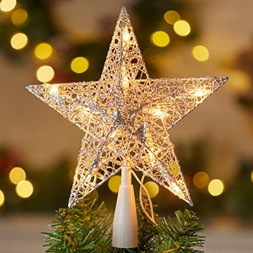 טופר עץ כוכבים לחג המולד, צעד 9 תלת מימד כוכב כסף מתכת מתכת מתכת עץ מעוצב, בנוי ב -10 נורות טופר עץ