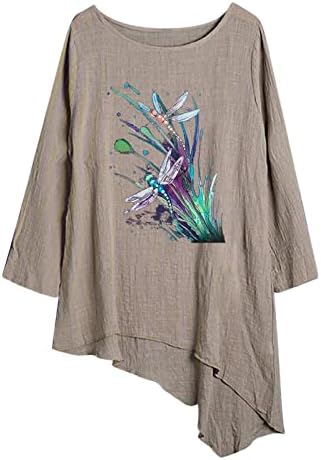 צמרות פשתן כותנה לנשים קיץ מזדמן צוואר צוואר 3/4 חולצות שרוול חולצות א-סימטריות גרפיקה רופפת חולצות