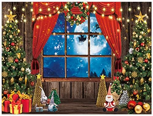 PrainityTree 96 x 72 צילום לחג המולד בחורף תפאורה חג המולד כפרי חלון עץ כפרי ירח מלא רקע לילה קישוטים