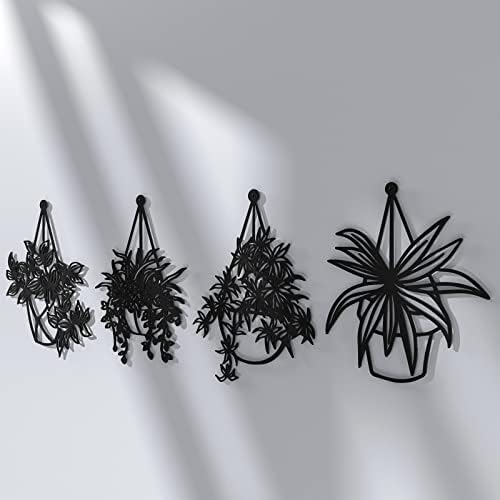 Lorydeco פרחי מתכת פרחים קיר תפאורה של סט של 4, פרחוני שחור ברזל עם אגרטלים פיסול, תפאורה ביתית לחדר